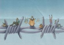 Til Debt Do US Part, by Hamit Gış: a cartoon of tiny figures standing on barbed wire. 