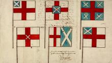 Rejected designs for the union flag, 1604. Original held in the National Library of Scotland.
