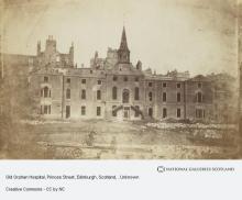 The original Orphan Hospital on the junction of Princes Street and Leith Wynd, which was demolished in the 1840s to build Waverley Station (unknown artist and date). Creative Commons CC by NC, National Galleries Scotland. 