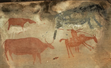 Painting of a raider on horseback (bottom right) with a musket and domestic stock.