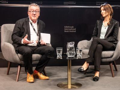 Image by Chris Scott, courtesy of the Edinburgh International Book Festival Allan Little and Elif Shafak at the Book Festival 2019