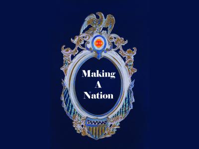 Making a Nation logo: a mirror frame surrounding the words MAKING A NATION against a blue background
