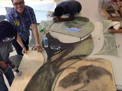 Pamela working on a community woodcut project Pamela Lawton