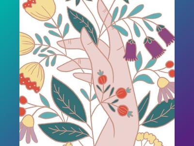 A drawing of a hand reaching up through foliage