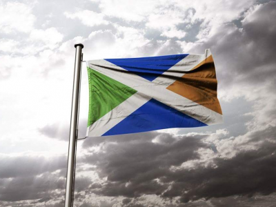 A hybrid flag combining the flag of the Republic of Ireland with the Scottish saltire
