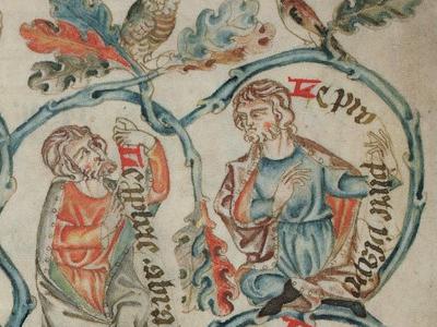 British Library Illuminated Manuscripts Online, BL MS Add. 47682, ‘The Holkham Bible Picture Book,’ 1327-35, detail from f. 10r, Abraham and Isaiah. https://www.bl.uk/manuscripts/Viewer.aspx?ref=add_ms_47682_f010r BL MS Add. 47682, ‘Holkham Bible Picture Book,’ 1327-35, detail from f. 10r, Abraham and Isaiah.