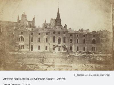 The original Orphan Hospital on the junction of Princes Street and Leith Wynd, which was demolished in the 1840s to build Waverley Station (unknown artist and date). Creative Commons CC by NC, National Galleries Scotland. 
