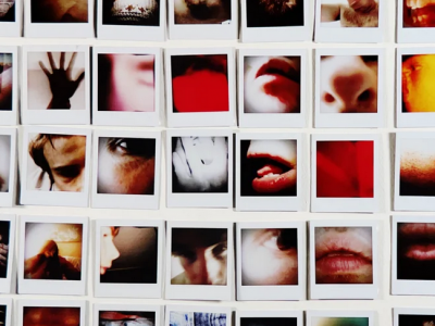 Still from 'Prosopagnosia' (2021, Steven Fraser): slides of faces, hands, other body parts in a grid