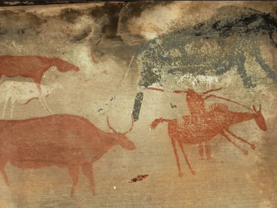 Painting of a raider on horseback (bottom right) with a musket and domestic stock. A ‘rain-animal’ (top right) was likely summoned to wash away the raiders’ tracks. Courtesy of Sam Challis and Brent Sinclair-Thomson Painting of a raider on horseback (bottom right) with a musket and domestic stock.