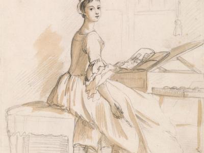Paul Sandby RA, (1731–1809): Portrait of a Lady at a Drawing Table, undated. Graphite and brown wash on medium, slightly textured, cream laid paper.